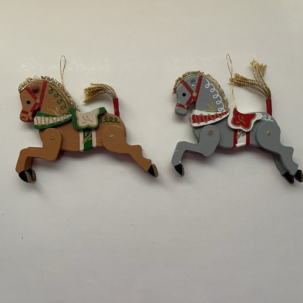Seasons Greetings Ornaments Wooden Horses Made Taiwan Set Of 2 Vintage